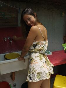Stunning brunette babe taking a bath outside displaying her amazing slender figure with big natural knockers photo 1
