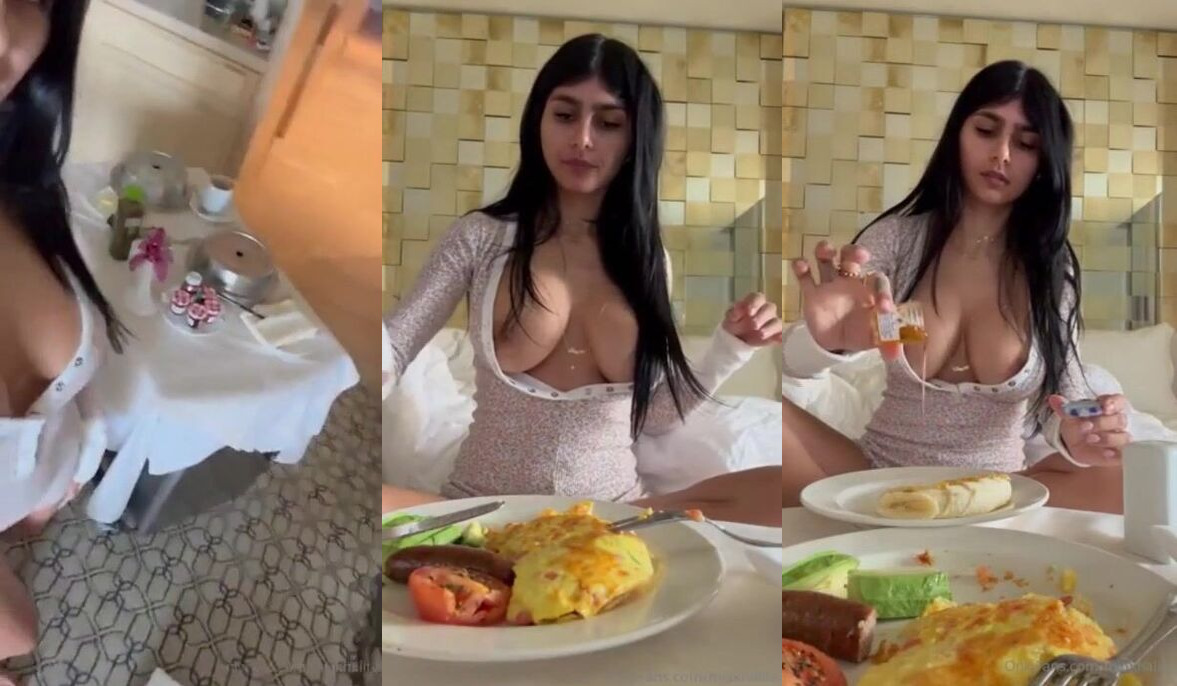 Mia Khalifa's Seductive Breakfast with Big Tits Out