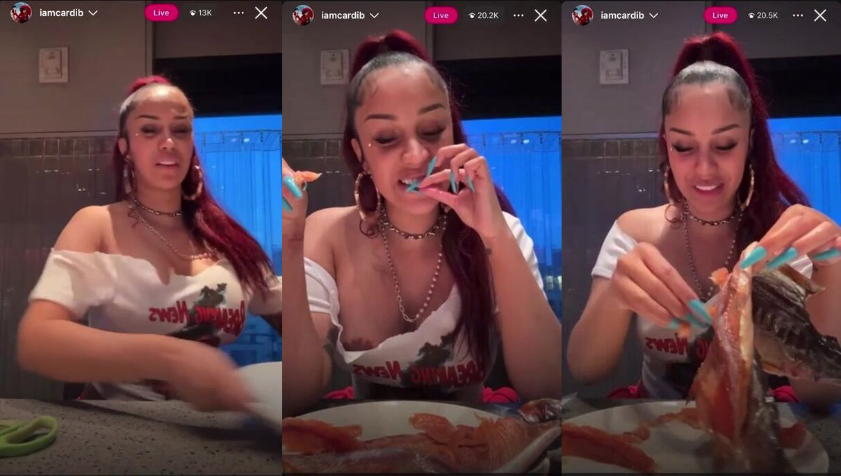 Cardi B Flaunts Tits While Eating Fish