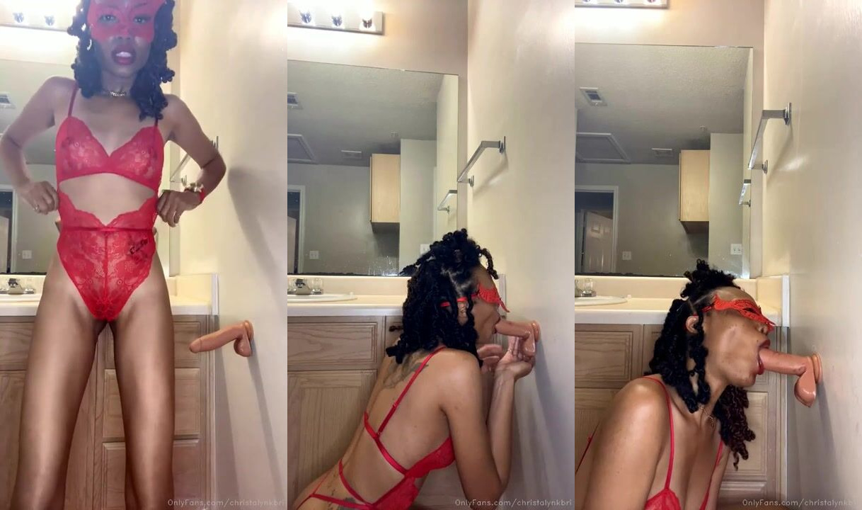 Masked Christalynkbri's Dildo Blowjob on the Wall