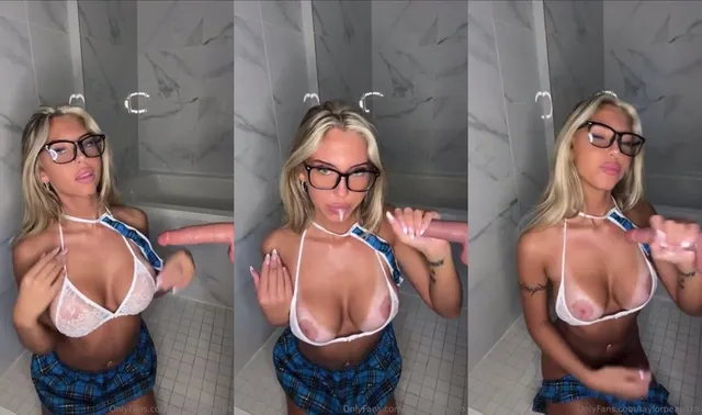 Taylor Peach Slurping a Dildo in the Bathroom
