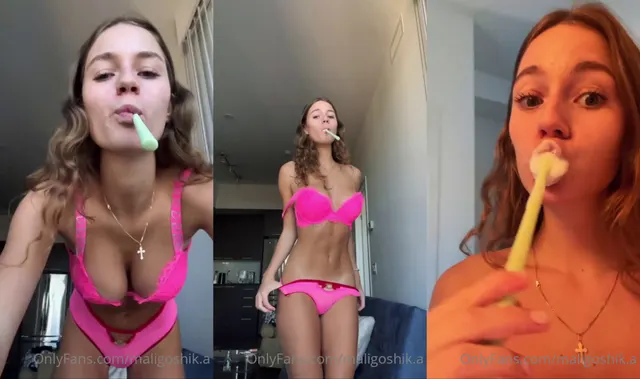 Maligoshik Brushes Her Teeth In A Pink Lingerie