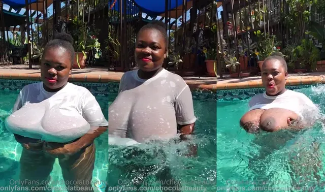 Chocolatbeauty entblößt Titten im Pool