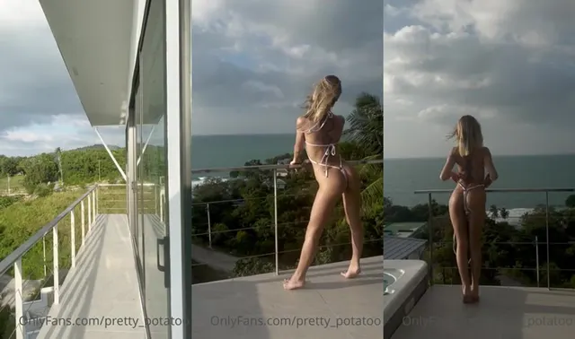 La striscia sul balcone di Pretty Potatoo in lingerie bianca